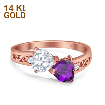 14K Rose Gold Double Heart Ring Bridal Wedding Engagement Ring Simulated CZ Size-7